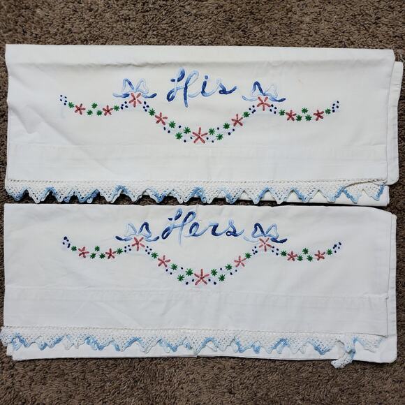 Vintage HIS HERS Pillow Case Cover SET of 2 Blue w/ Crochet Edge 28x20 Inch - Picture 1 of 5
